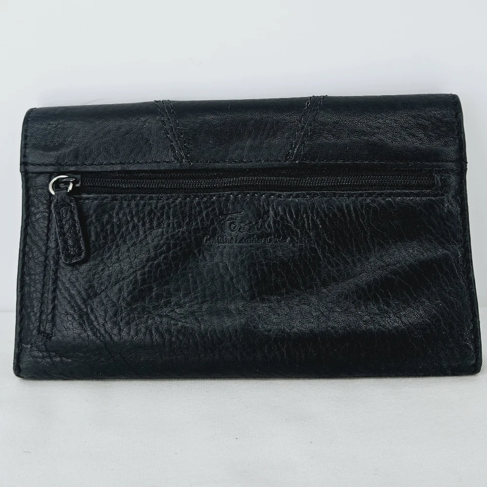 Fossil Black Leather Tri-Fold Organizer Wallet Checkbook Clutch